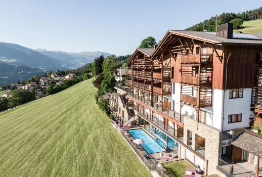 The Hotel Emmy, in alpine style with wooden balconies and a pool, overlooking a large sloping meadow.