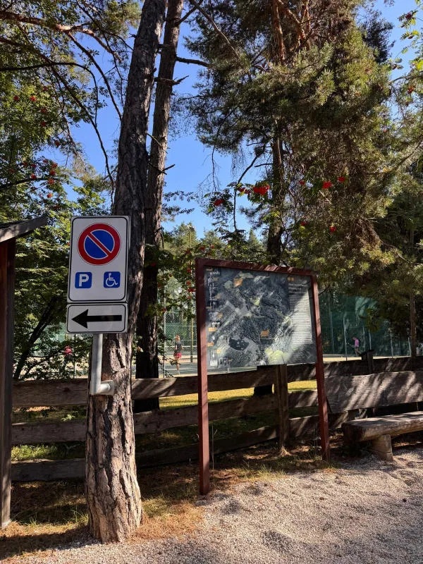 The sign marking the parking spaces reserved for disabled people, among the trees, next to a noticeboard.