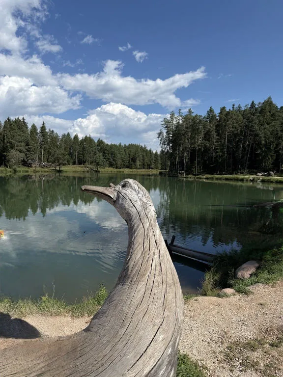 A wooden sculpture on the shore of the lake, with the forest and clouds reflected in the water.