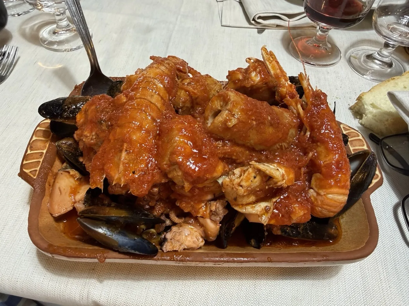 A dish of Livorno-style cacciucco: fish, shellfish and mussels in tomato sauce.