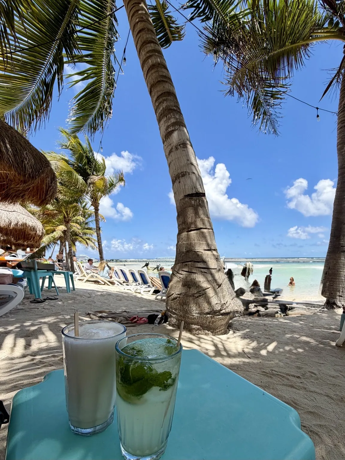 Two cocktails on a blue table in the shade of the palm trees, with the beach and the sea in the background.