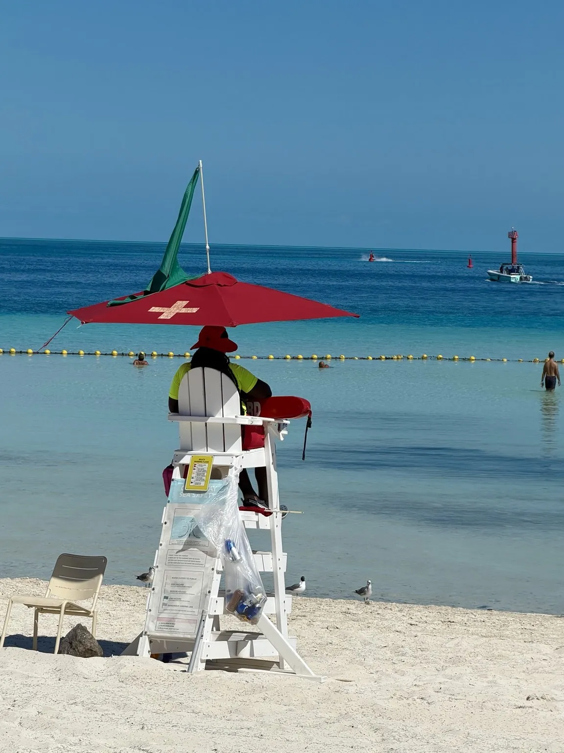 A lifeguard sitting on a tall white chair under a red parasol, facing the calm sea.