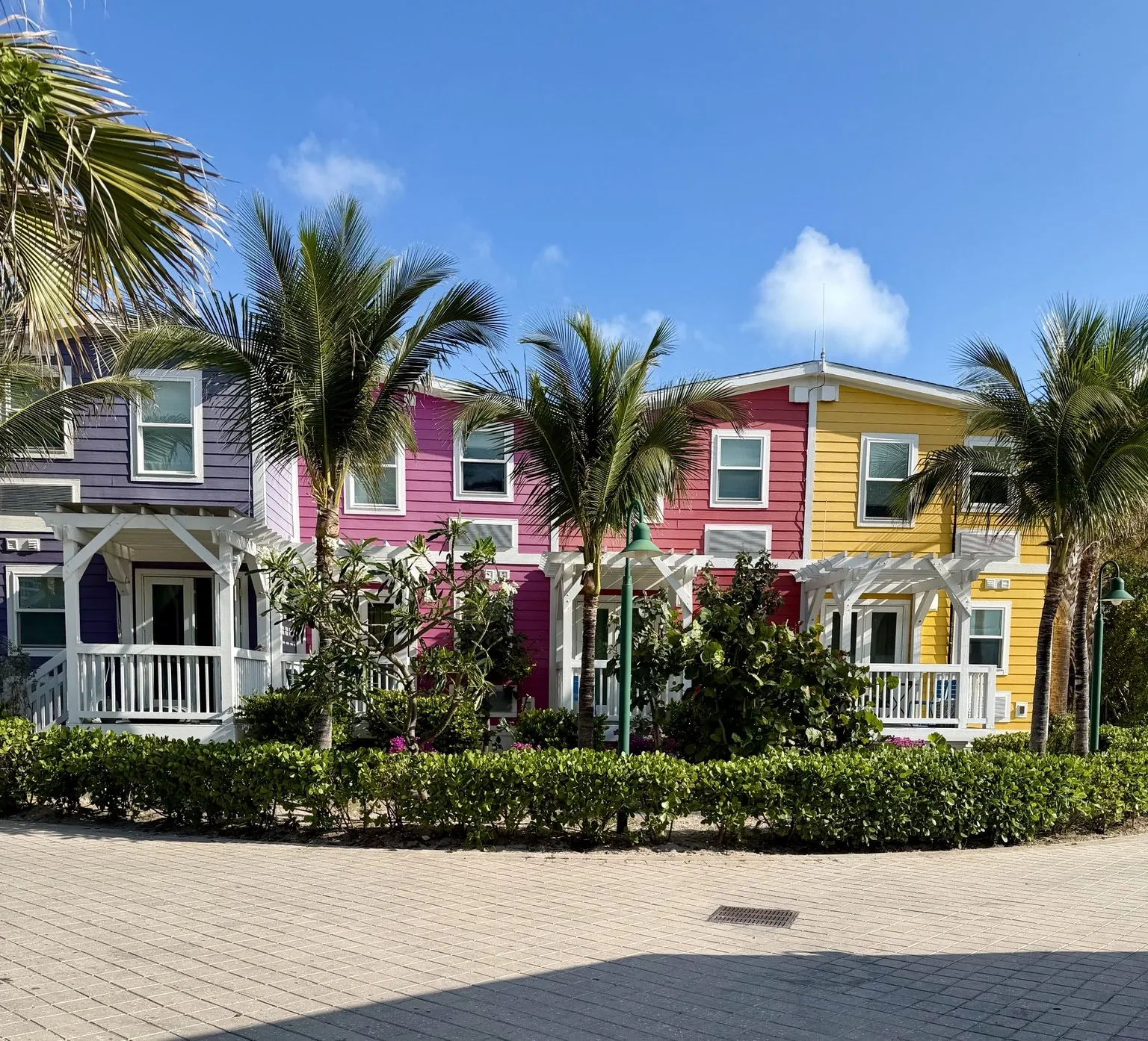 A row of purple, pink and yellow wooden houses, among the palm trees.