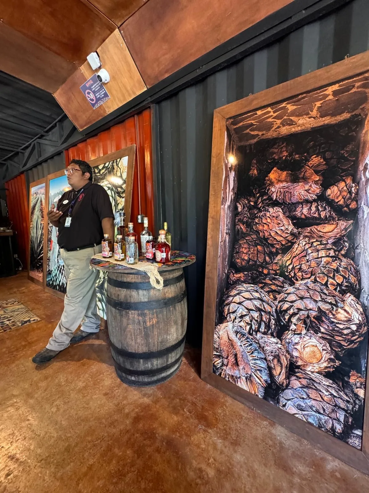The guide speaking beside a barrel with the bottles; behind him, a large panel showing agave hearts.